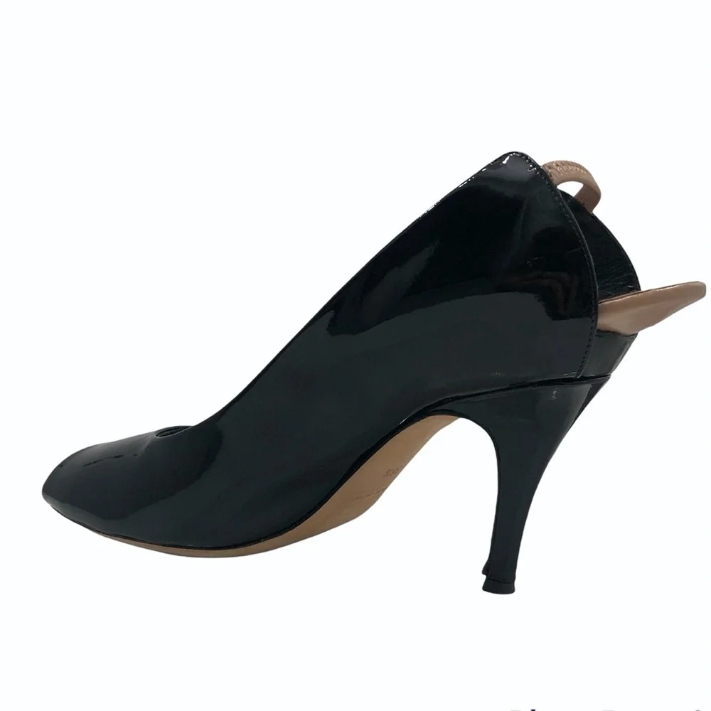 MARC JACOBS BLACK PATENT LEATHER PEEP TOE OPEN BEIGE HEEL STILETTOS HEELS
